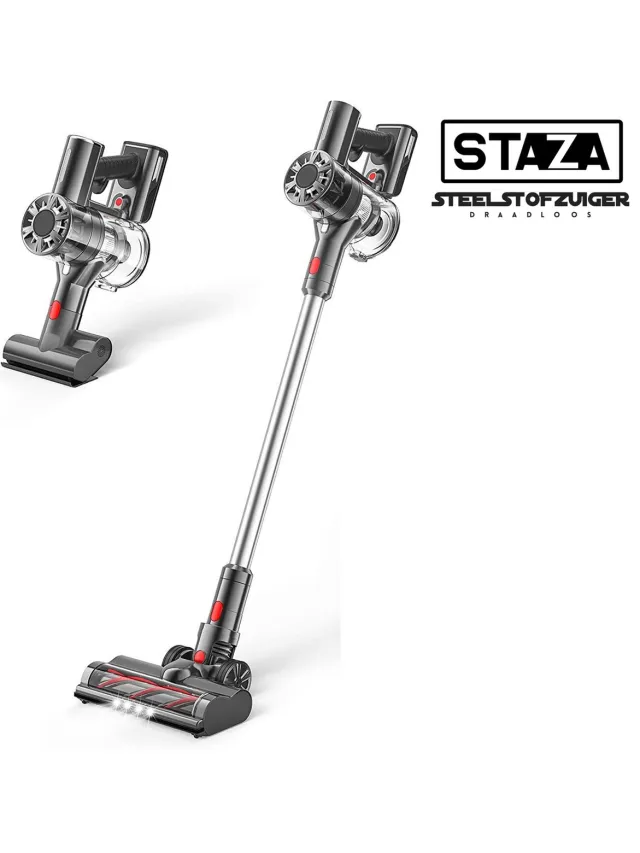 Staza Steelstofzuiger draadloos 200Watt met 4 verschillende opzetstukken (draadloze stofzuiger) - Snoerloos - Zonder zak - Op accu - Met Kruimelzuiger Grijs