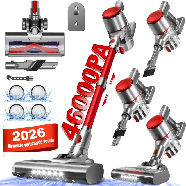 Elekiatech Steelstofzuiger- 46000Pa - 50 Minuten Gebruikstijd - 8 Kegel Filtersysteem Steelstofzuiger Draadloos - 1,5 L Stofbak - 2200 mAh Accu - voor Tapijten en Harde Vloere - Rood