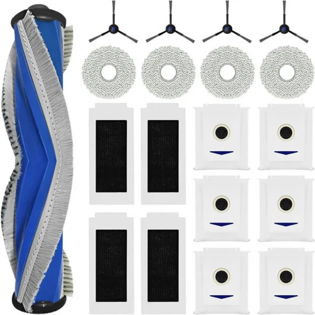 GelldG Dweilborstel en filterzak voor ECOVACS T30 Pro MAX robotstofzuiger - Inclusief 1 rubberen hoofdborstel, 4 filters, 4 doekjes, 4 zijborstels, 6 stofzakken - 19-delige accessoireset blauw