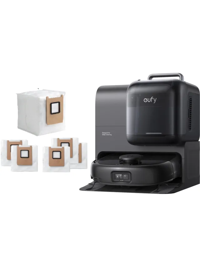 Eufy Robotstofzuiger Omni E28 met 6 stofzakken, draagbare dieptereiniger, HydroJet systeem, 20.000 Pa zuigkracht, DuoSpiral ontklittende borstels, CornerRover arm, alles-in-één station Zwart