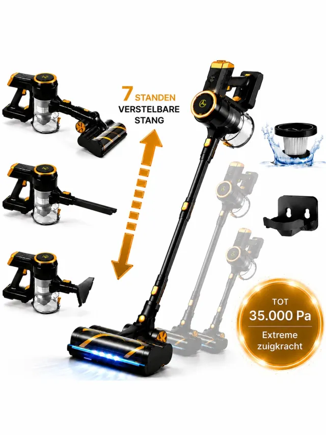 AG AG4200 Steelstofzuiger Draadloos – Stofzuiger Zonder Zak – 35.000 Pa – Draadloze Stofzuiger – Krachtig - Kruimeldief – Dierenharen – LED Zuigmond – Lichtgewicht – Premium Gold