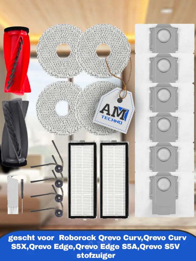 AMtechno Accessoires gescht voor Roborock Qrevo Curv,Qrevo Curv S5X,Qrevo Edge,Qrevo Edge S5A,Qrevo S5V stofzuiger,2 hoofdborstels,2 HEPA-filters,6 stofzakken,4 reinigingsdoeken,4 zijborstels,1 borstel