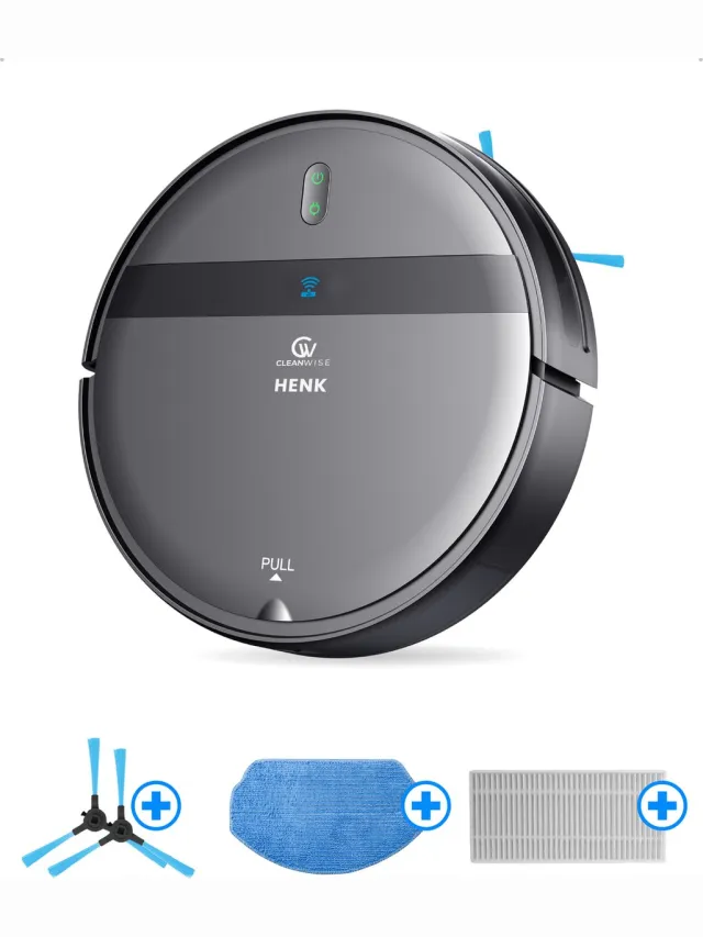 CleanWise Henk Robotstofzuiger + Onderhoudspakket – Nederlands Product – Voor Huisdieren – Met Dweilfunctie & Laadstation – Dweilrobot – 4500 Pa – HEPA 14 – Ultra dun 7,4 cm – App & Spraakbediening – Voor Huisdierharen, Harde Vloeren & Tapijt Grijs