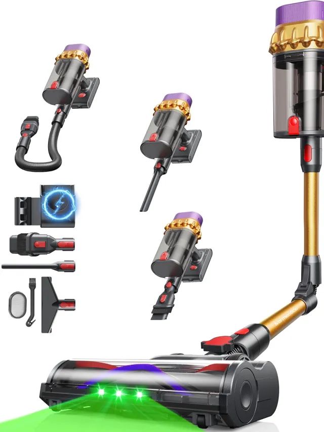 Konsoefuly C10 EVO Draadloze Steelstofzuiger - Stofzuiger zonder zak - 68000 Pa - Krachtige zuigkracht - Voor dierenharen - Groene LED zuigmond - Meerdere accessoires Goud