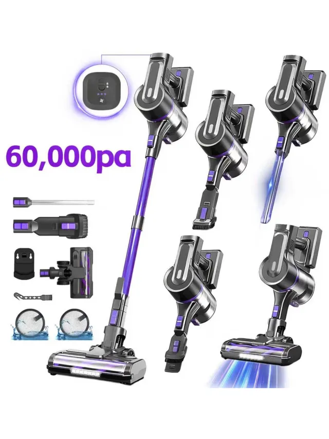 Grenintol 6-in-1 Steelstofzuiger Draadloos – Steelstofzuiger – 60.000 Pa–2500 mAh Accu – Draadloze Stofzuiger - Accu tot 60 Minuten – Stofzuiger Zonder Zak 1,2 L Stofbak – Stofzuiger Draadloos met LED Licht – Voor Tapijten en Harde Vloer – Paars S11-Paars