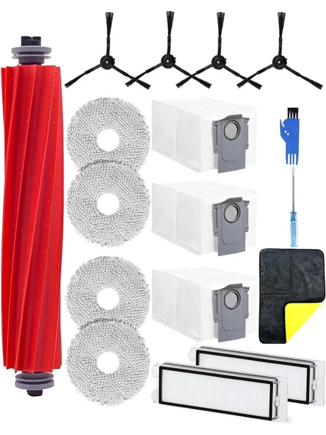AMtechno Geschikt Voor zes maanden 17 stuks reserveonderdelen set geschikt voor Roborock Q Revo stofzuiger accessoires kit: 1 hoofdborstel, 4 schoonmaakdoeken, 4 zwarte zijborstels, 2 HEPA-filters, 3 stofzuigerzakken Wit