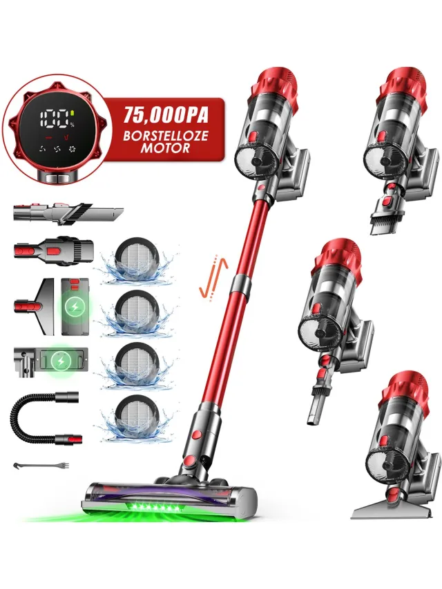 Fukstern Steelstofzuiger Draadloos – 75KPa Krachtige Zuigkracht – Tot 60 Min Accuduur – 3 Zuigstanden - Anti-Klit Vloerborstel – 7-voudig HEPA-Filtersysteem – 2L Stofreservoir – Groen Licht & Hygiënische Reiniging – rood
