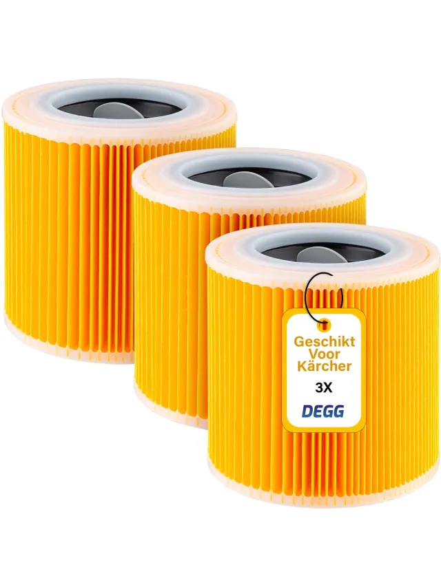 DEGG 3x Patroonfilter met Sluitschroeven – Geschikt voor Kärcher WD1, WD2, WD3 & A-Series – Nat/Droog Stofzuiger Filter – Ideaal tegen Fijnstof & Geuren – Premium Cartridgefilters Geel