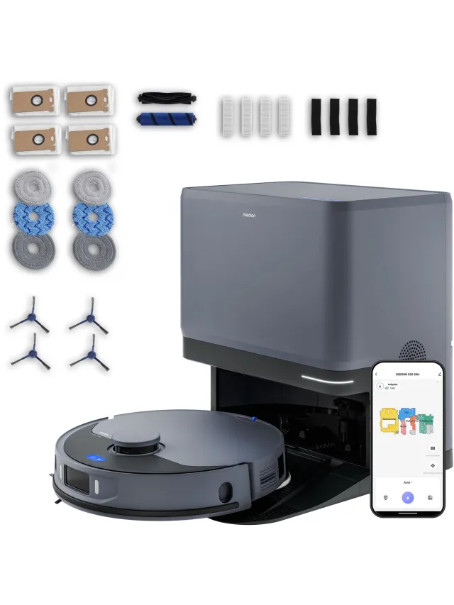 Medion Robotstofzuiger met 3-in-1 station, lasernavigatie en dweilfunctie X55 SW+ Pro (10.000 Pa, 2-in-1 robot, roterende dweilmoppen, kruislijnlaser) | Starke 10.000 Pa Saugkraft, rotierende Wischmop blauw