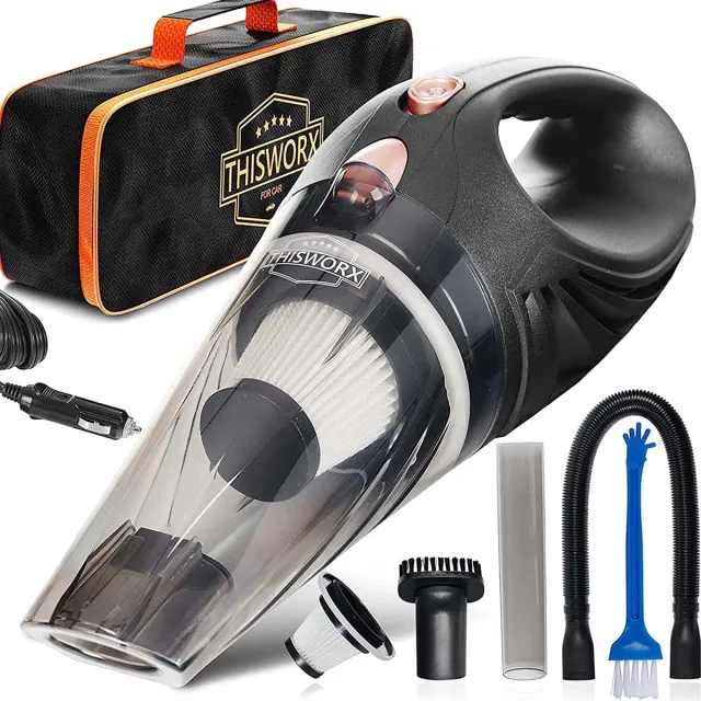 ThisWorx voor ThisWorx Autostofzuiger met ledlicht, handstofzuiger voor het reinigen van de auto, 110 W, 12 V, adapter voor aansluiting op de sigarettenaansteker, 4,9 m kabel Zwart