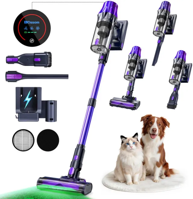 Blossom Steelstofzuiger Draadloos - 650W - Kruimeldief - 55kPa Zuigkracht - Tot 65 Min Accuduur - Groene Laser - HEPA Filter - zonder zak - Paars Paars/Paars