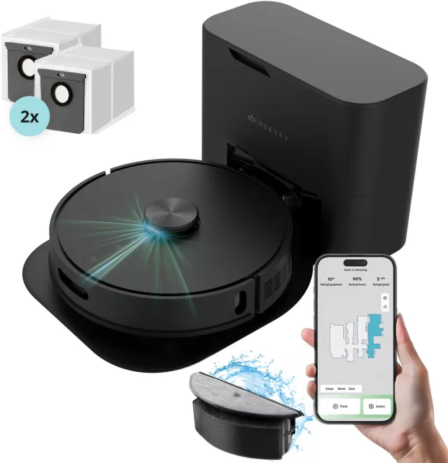 Heevey Robotstofzuiger met dweilfunctie - Automatisch leegstation - Vacuum cleaner - Dweilrobot - Huisdieren - 10.000PA zuigkracht - LDS lasernavigatie - Dweilrobot - 2 extra stofzuigerzakken - Met app Zwart