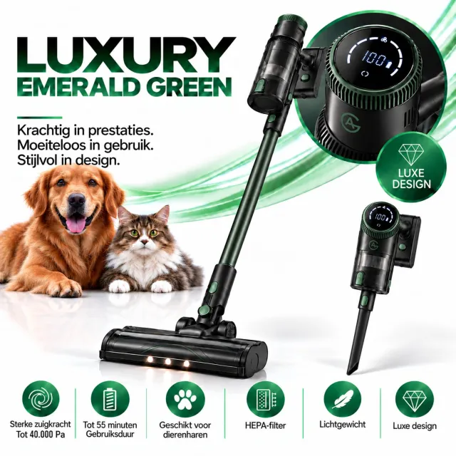 AG AG4500 Premium Steelstofzuiger Draadloos – Stofzuiger Zonder Zak – 40.000 Pa – Krachtige Draadloze Stofzuiger – Kruimeldief – Dierenharen – LED Zuigmond – Lichtgewicht – Afneembare Accu – Luxury Emerald Green