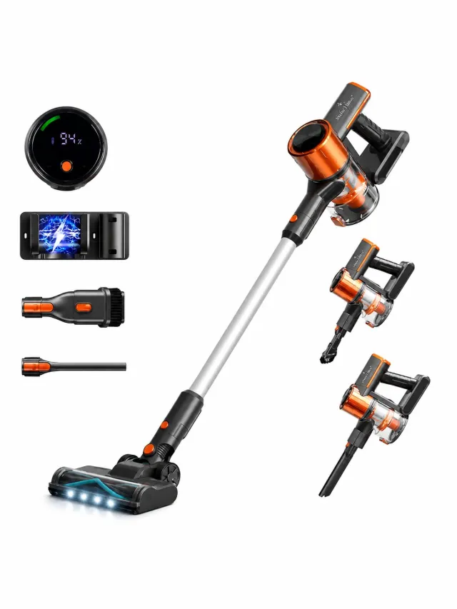 Swiss Haus CVC2501 Steelstofzuiger Draadloos – 35 Minuten - 3 Snelheden – HEPA Filter – Draadloze Stofzuiger Zonder Zak - LED Display – Wandhouder – 150W - Vacuum Cleaner - Oranje