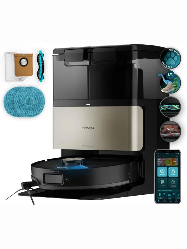 Cecotec Conga X80 Pro robotstofzuiger met zelfaanzuigende basis en IA Conga X80 Pro. Lasernavigatie, 25000 Pa, autonomie 240 m², adaptieve technologie, desinfectie van dweilen, bluetooth en wifi Zwart